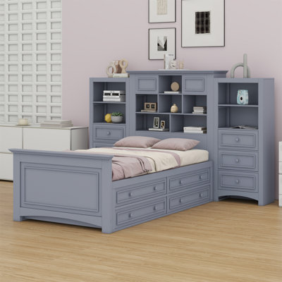 Wood Platformbed With Vertical All-In-One Cabinet And 4 Drawers On Each Side