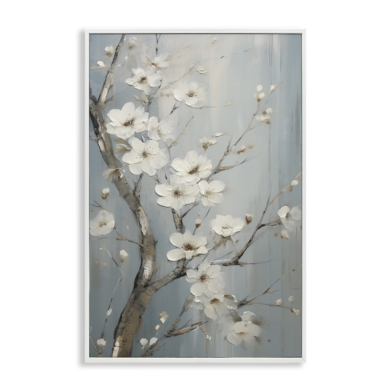 «White Cherry Blossoms», art de la giclée encadrée par Sasha, Estampe numérique encadrée blanc bord de mer, H 24 po x l 16 po