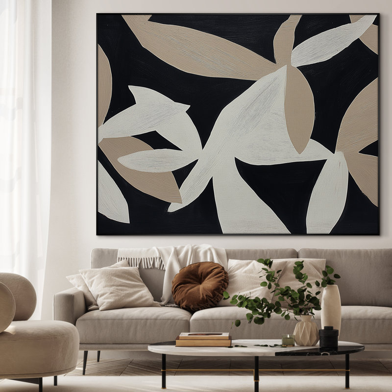Très grande reproduction d'art sur toile - Beige neutre et blanc, feuille abstraite, silhouette, décoration, œuvre d'art pour le salon ou la chambre à coucher