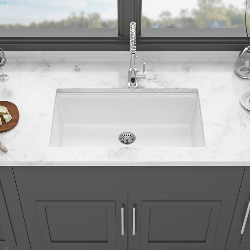 Évier de cuisine en quartz - Évier de cuisine encastré en granite blanc 33 x 19 po