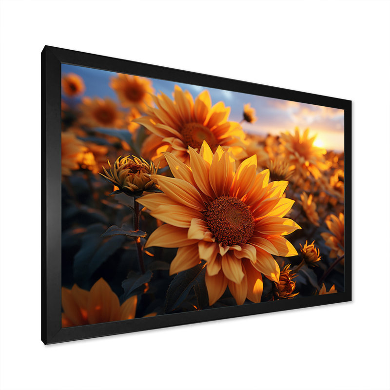 Décoration murale jaune tournesols champ jaune - tournesols, H 16 po x l 32 po x P 1 po, Cadre photo noir