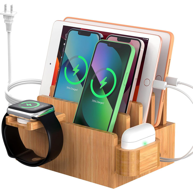 Bamboo Charging Station For Multiple Devices With 5 Port USB Charger