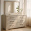 Commode large Simone, 6 tiroirs et pieds blocs, bois blanc antique