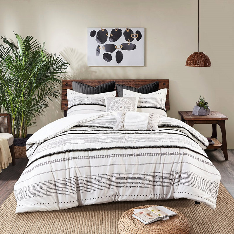 Édredon en coton imprimé - noir / blanc avec une magnifique garniture de pampille dans un style glamour, Blanc/Noir