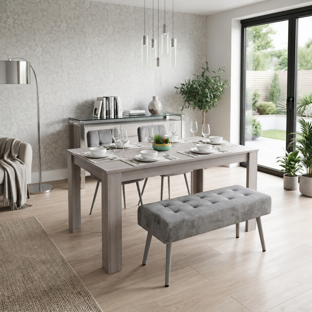B&Q - Modern Rectangle Dining Table Set With 2 Grey Velvet Chairs And 1 Grey Bench Dining Room Furniture - Image 4