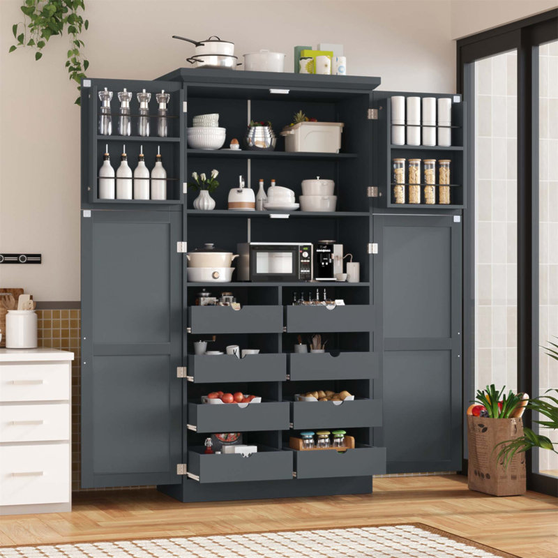 Armoire de cuisine autoportante 35,5 x 17,6 x 70,9 pouces, grand rangement avec 4 portes, 2 tablettes de porte, 8 plateaux coulissants et tablette réglable pour la salle à manger