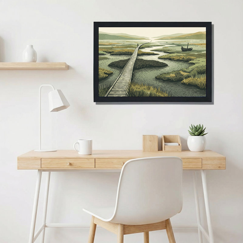 Art mural en bois, promenade en bois à travers le marais vert avec bateau, H 20 po x l 30 po