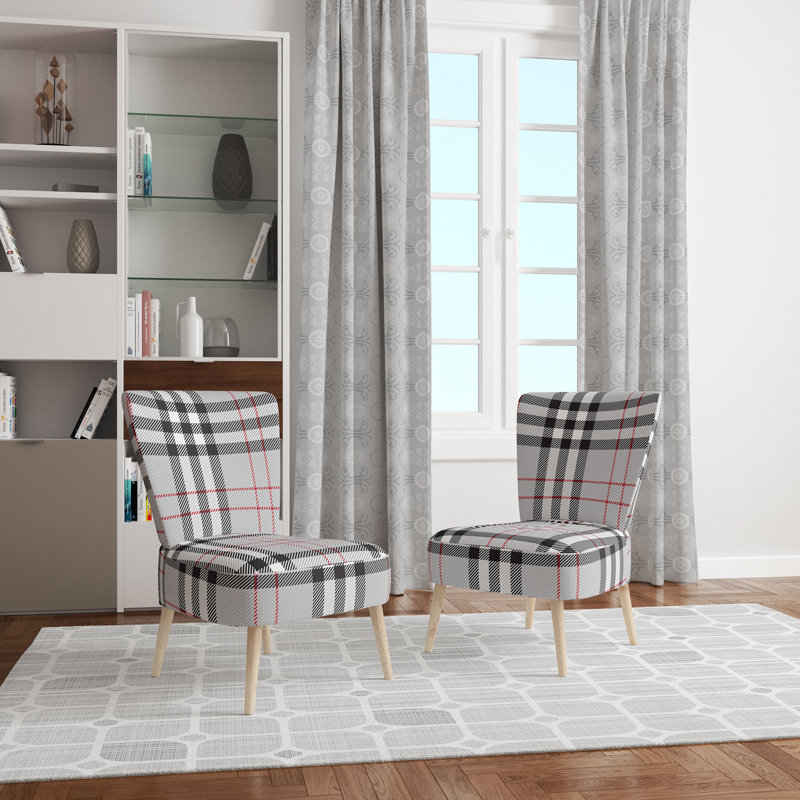 Grey Checked Tartan - Velvet Upholstered Patterned Accent Side Chair
