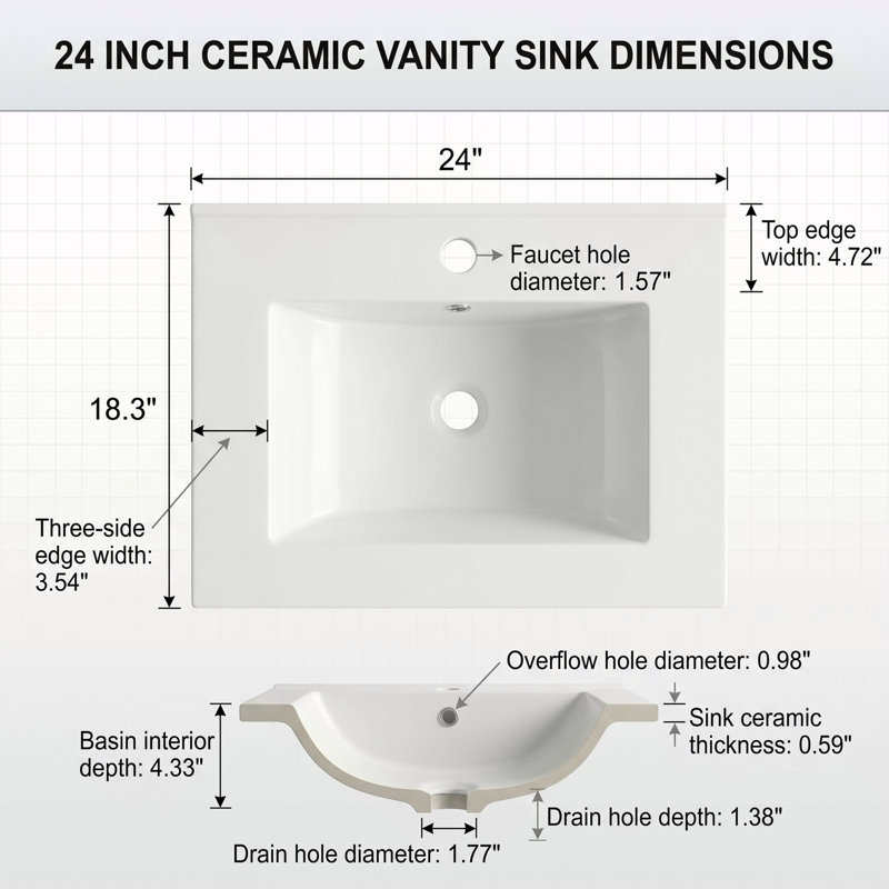 Lavabo de salle de bain encastré en céramique 24 po x l 18 po x P 18 po avec comptoir simple en porcelaine blanche avec trop-plein pour remplacement de salle de bain