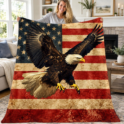Couverture en peluche imprimée drapeau américain et aigle, style patriotique vintage, douce et chaude, idéale pour canapé, lit, salon, chambre d'étudiant, bureau ou voyage. Décoration intérieure toutes saisons.