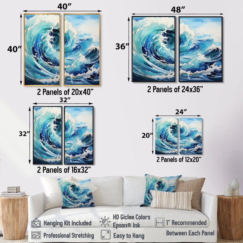 «Blue Wave Ocean Storm» - art mural nautique bleu, Noir, H 36 po x l 48 po, Reproduction encadrée sans passe-partout