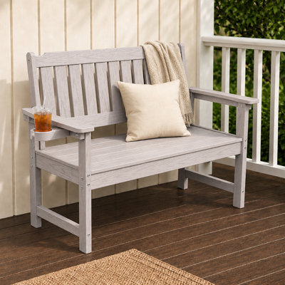 HDPE Outdoor Bench, Weatherproof Porch Bench with Cup Holders, 700 lbs Weight Capacity, Garden Bench for Porch, Patio, Light Gray