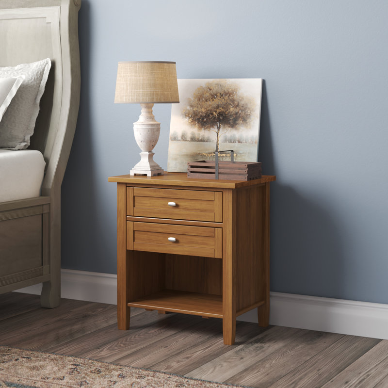 Warm Shaker 24"W Solid Wood Bedside Table with Two Drawers, Light Golden Brown