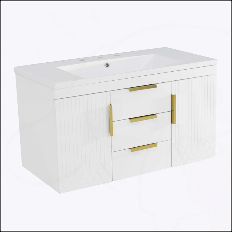 Meuble-lavabo mural 36 po avec lavabo, armoire de rangement flottante et 2 tiroirs pour salle de bain moderne 36 po, Blanc