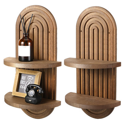 2 Pcs Boho Wall Shelf Rainbow Arch Wooden Floating Shelf,(Brown)