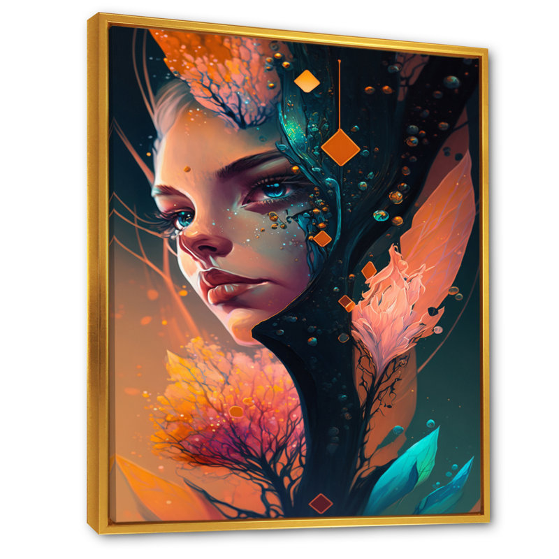 Visage de femme avec des fleurs dans les cheveux III - reproduction sur toile, H 32 po x l 24 po x P 1 po