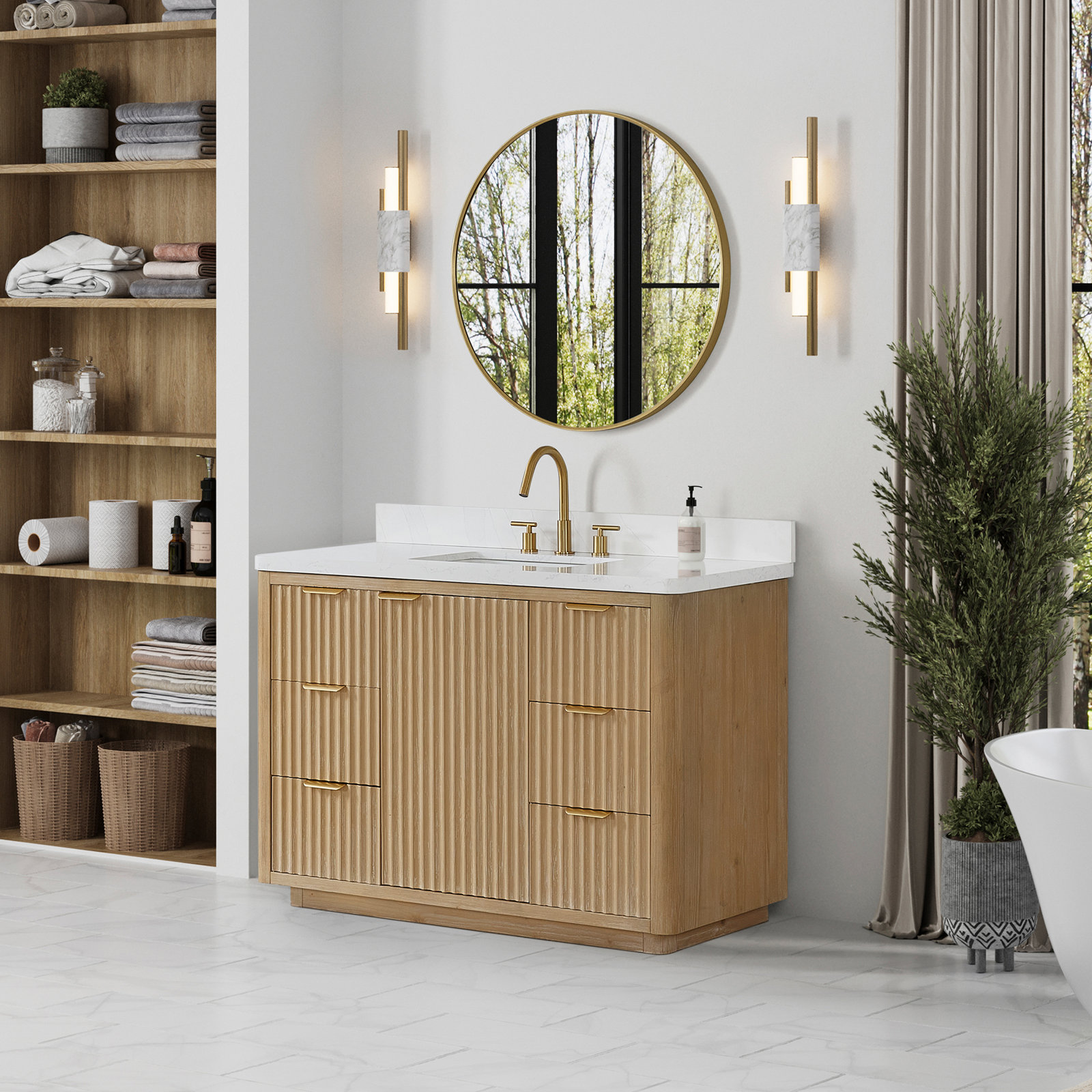 Adela 48'' Single Bathroom Vanity, White, Gold, Brown