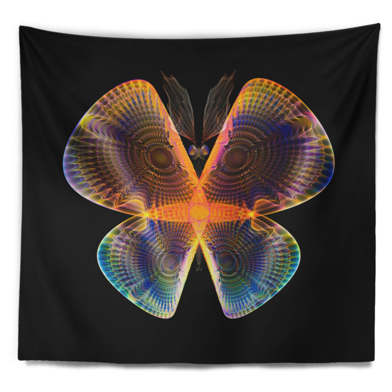 Corwin - papillon abstrait fractal jaune et bleu avec tapisserie foncée, H 32 po x l 39 po