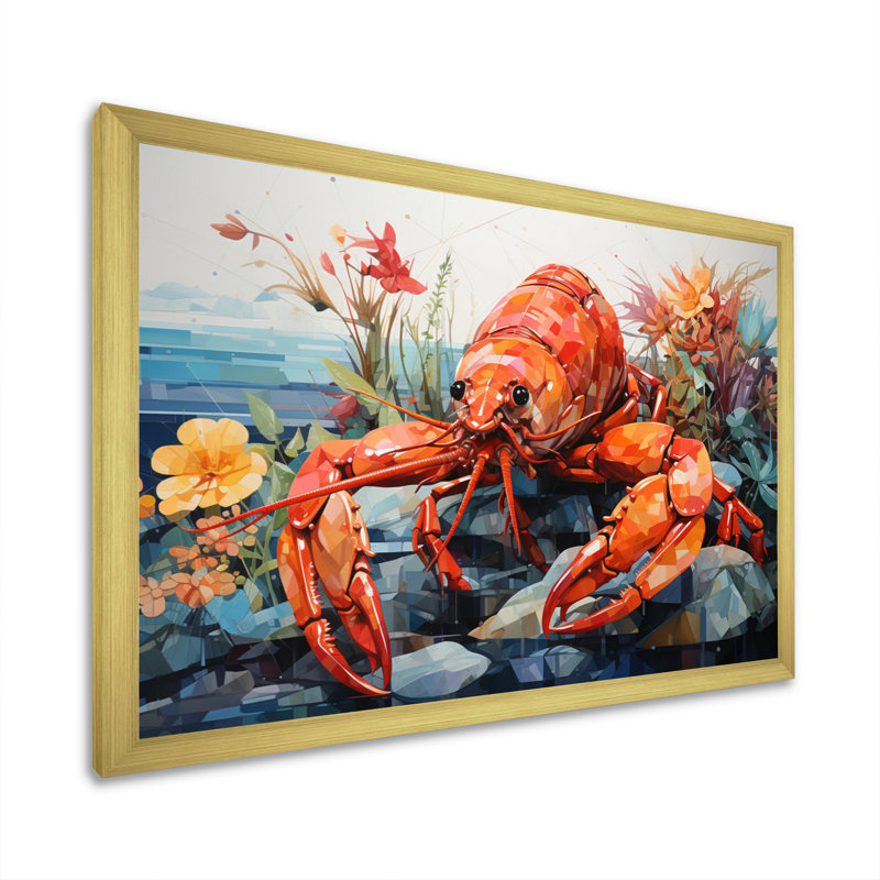 «Coral Yellow Lobster Grace», reproduction géométrique sur toile, H 24 po x l 32 po x P 1 po, Cadre doré simple