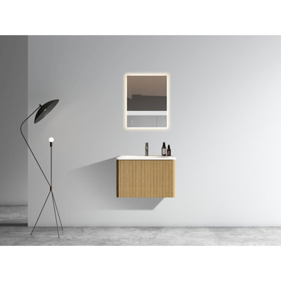 Meuble-lavabo 24 po avec texture en chêne naturel rayé - lavabo en céramique blanche inclus Bords incurvés muraux modernes pour une fonction de tiroir facile à ouvrir