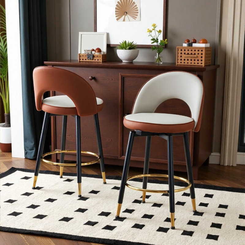 Modern 360Â° Rotatable PU Upholstered Bar Stool Set of 2 with Metal Legs, White/Brown