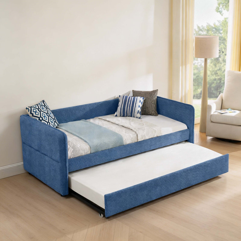 Daybed with Twin Size Pop-up Trundle Upholstered Tufted Sofa Bed, Twin Size, Boucle Fabric, Blue