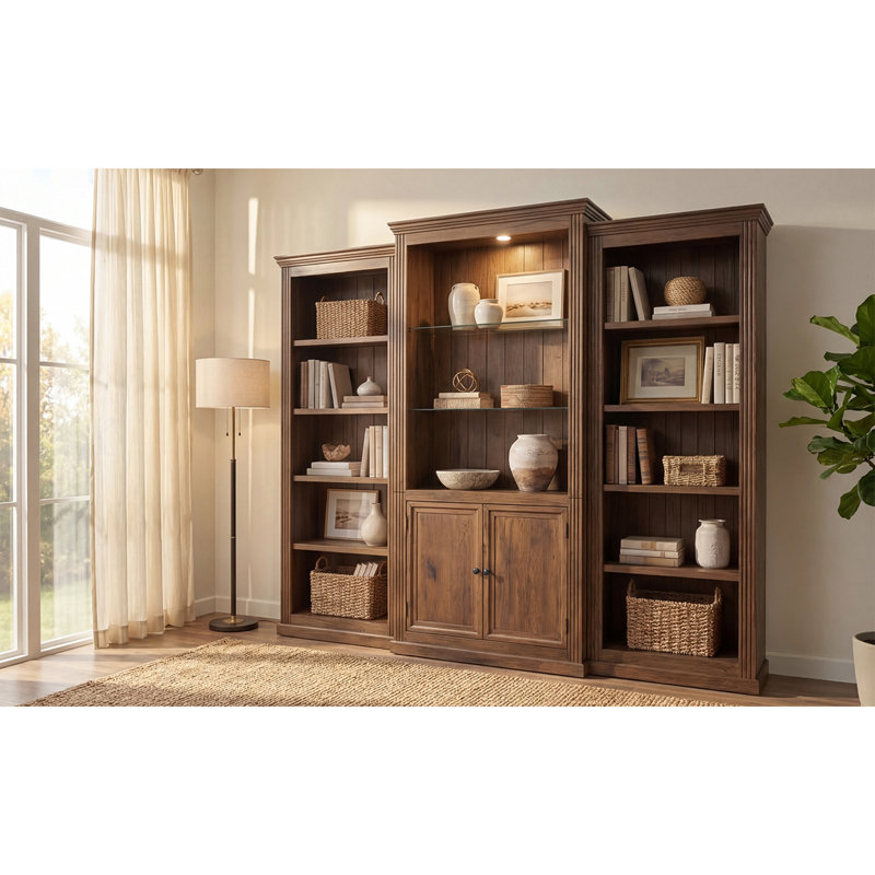 Bibliothèque de 78,75 po de hauteur, 3 pièces, vitrine avec plafonnier à DEL, tablettes de style rétro avec tablettes en verre trempé pour le salon, le bureau, le studio ou l'espace de travail
