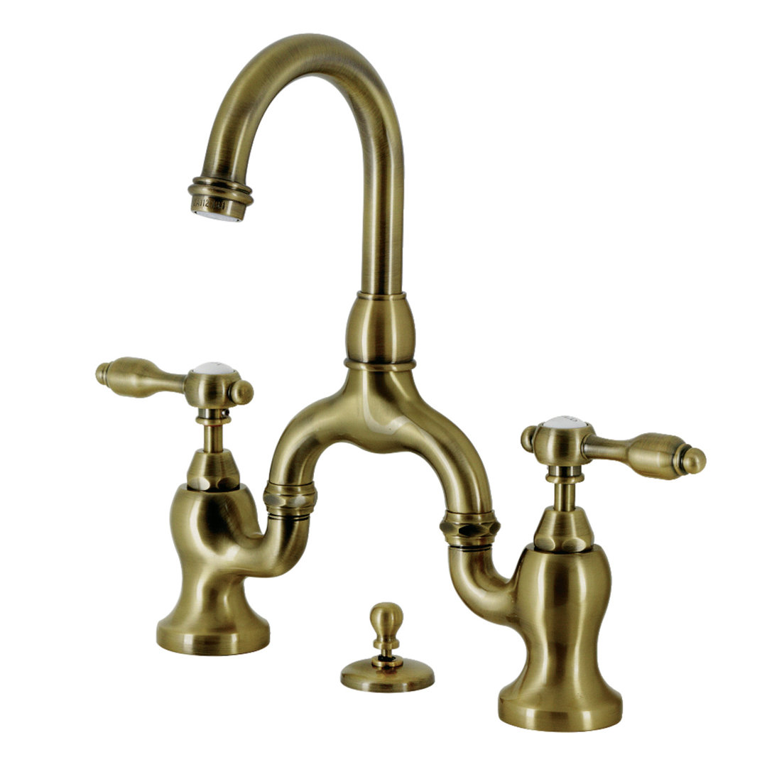 Kingston Brass Tudor Two-Handle 3-Hole Deck Mount Bridge Bathroom Faucet with Brass Pop-Up Kingston Brass 