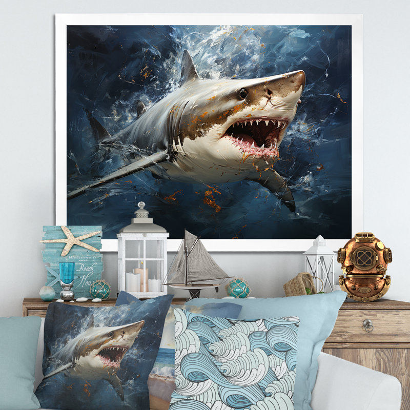Underwater Shark Attack III - Sharkwall Art, 30" H x 40" W x 1.5" D, White Closed Corner Framed