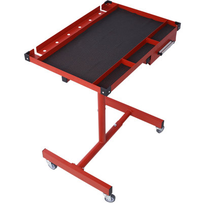 Table de travail réglable avec tiroir pour garages, ateliers de réparation et bricolage, portable, (4) roulettes pivotantes de 2,5 po, capacité de 220 livres, coins en caoutchouc, acier robuste, rouge