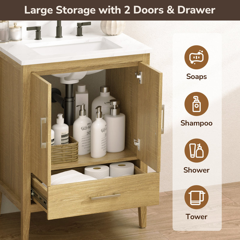 24" Single Bathroom Vanity with Quartz Countertop, Wood