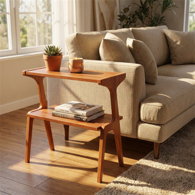 Table de bout contemporaine à 2 niveaux - Finition cerisier et design incurvé, profondeur de 11,81 po pour les petits espaces, capacité de 200 lb, laque imperméable