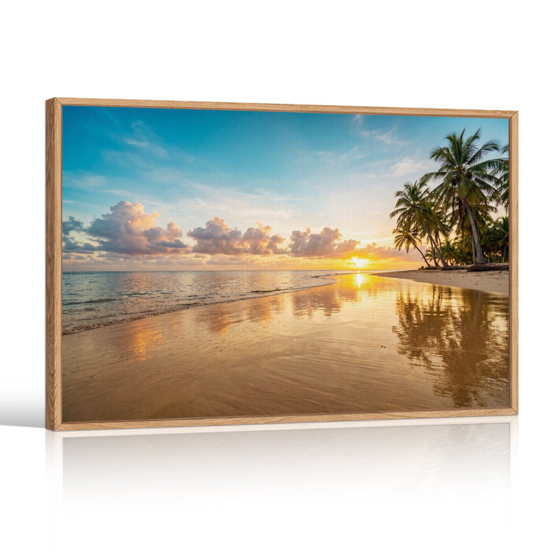 Tableau sur toile au coucher du soleil sur une plage tropicale avec des palmiers, 32"H x 48"W