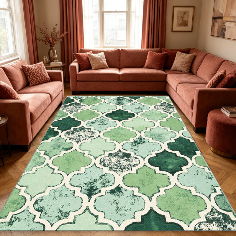 Distressed Trellis Green carpet-easy to clean, machine-washable, soft and comfortable; suitable for door mats, kitchens, living rooms, bedrooms, corridors, and laundry areas. Easy to clean, durable carpet for home decoration.