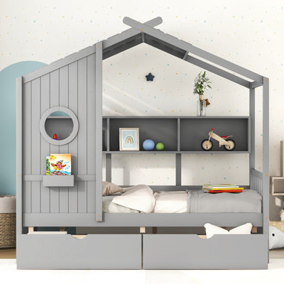 Lit de maison en bois avec 2 tiroirs, lit pour enfant avec tablette de rangement, gris
