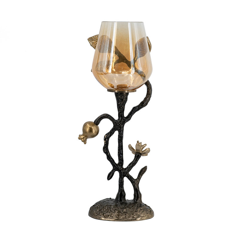 D5x14" Decorative Votive Candle Holder With Black And Antique Gold Floral Vine Design