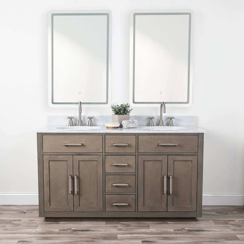 Ensemble de meuble-lavabo double l 60 po x P 22 po x H 34 po, Carrera blanche, Chêne gris