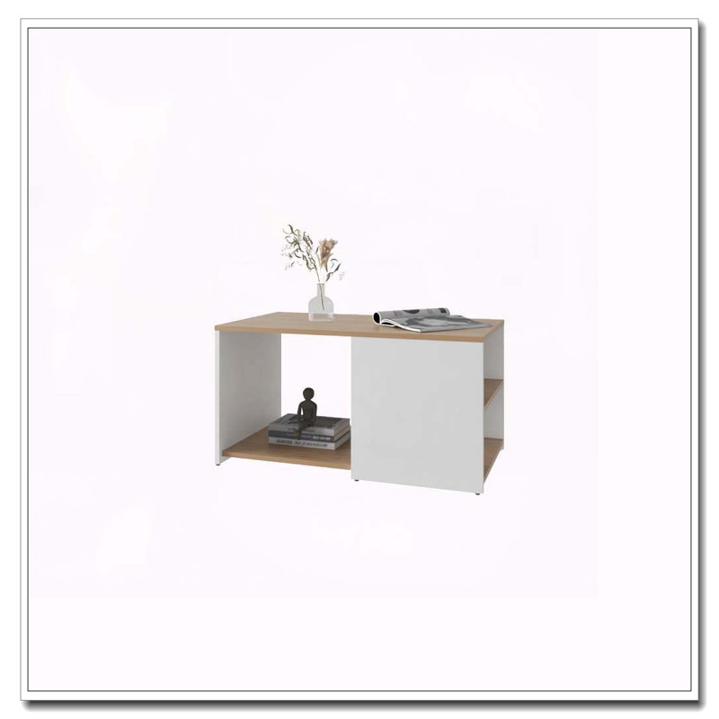 Table basse en chêne blanc et naturel avec rangement ouvert et pieds coniques