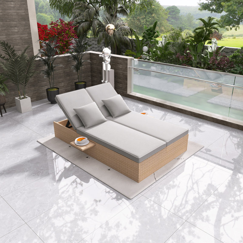 Lit de bronzage extérieur double, chaises de patio inclinables en rotin d'osier avec dossier et siège réglables, ensemble de conversation pour 2 personnes, brun