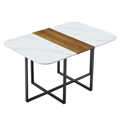 Table moderne à double texture - panneau de fibres à densité moyenne avec marbre et papier laqué à motif de bois, structure en métal robuste, table polyvalente 4 à 6 places
