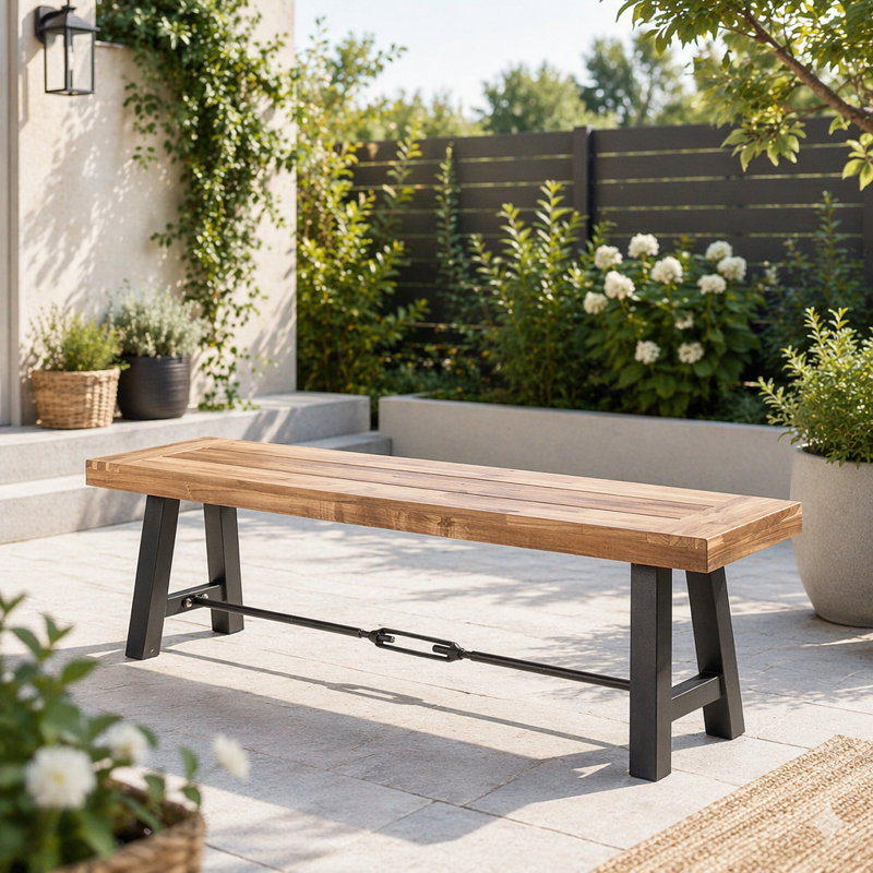 Outdoor Bench with Slat Panel Design and Acacia Wood Frame, H 17,75 po x l 63 po x P 14,5 po, Teck