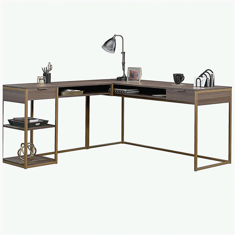 Bureau en L avec rangement ouvert, finition brune, Brun / Doré
