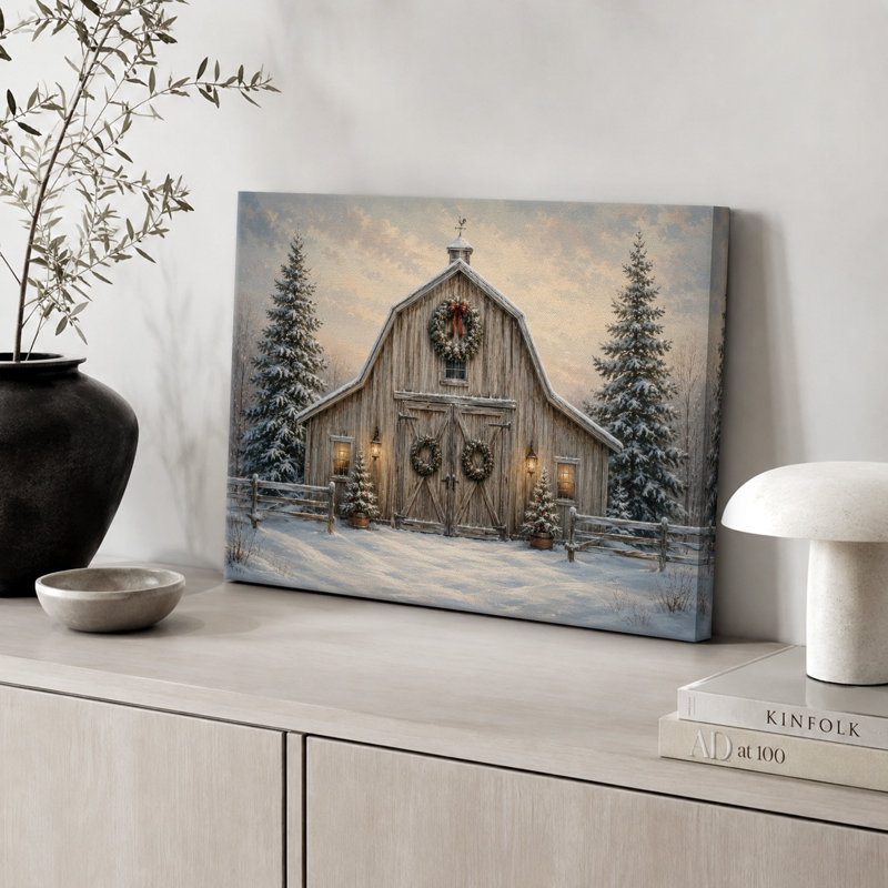 Illustration de Noël grange forêt enneigée, photos de salon, impression sur toile giclée sur toile encadrée, Toile tendue