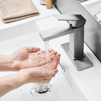 Brushed Nickel Bathroom Basin Faucet With Waterfall Spout, One Handle, Deck-Mounted, Pop Up Drain, Side Contemporary Finish, Ceramic Filler, Cartridge Valve