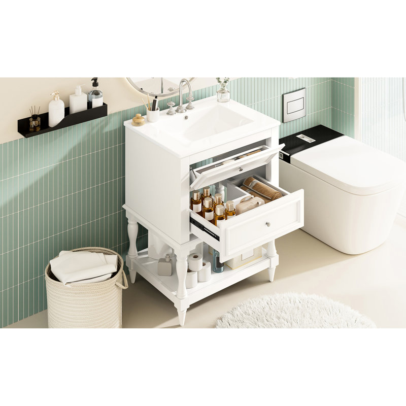 Meuble-lavabo de 61 cm avec lavabo en céramique, rangement moderne et luxueux, tablette ouverte et 2 tiroirs, - Meuble-lavabo avec débordement, style palais rétro, rangement pratique