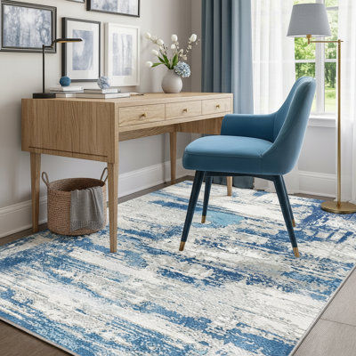 3x5 Abstract Blue Area Rug, Low Pile Washable Living Room Rug, Modern Distressed Abstract Floor Carpet, Non Slip Indoor Area Rug for Bedroom Dining Room Office Home Decor