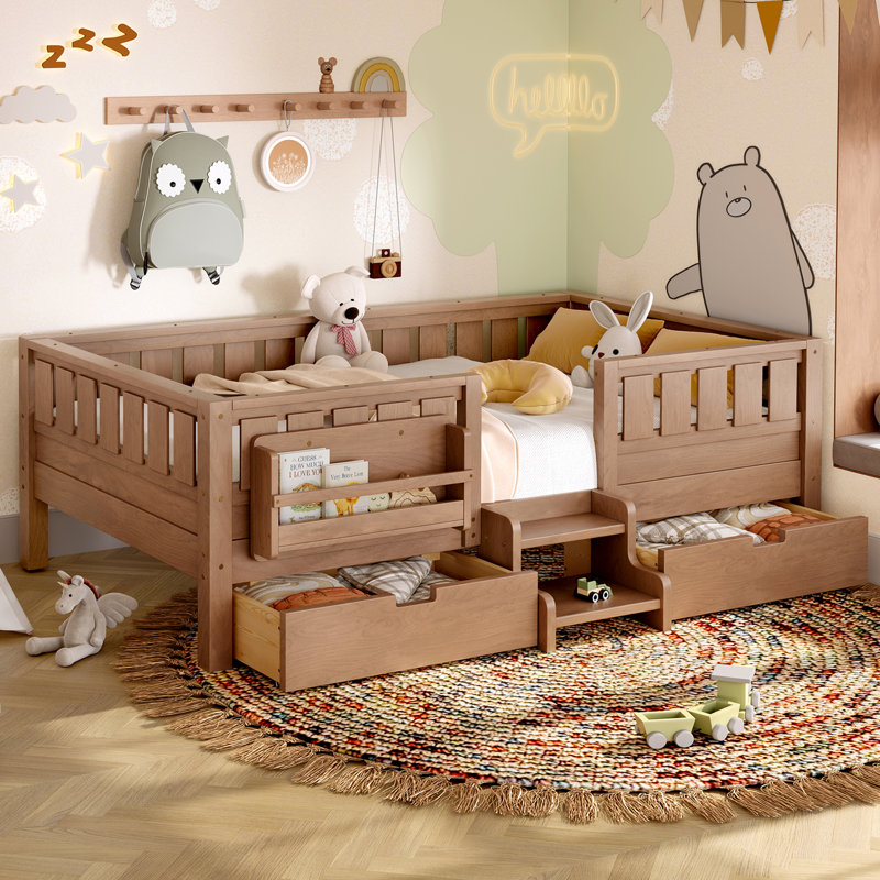 Twin Kids Floor Bed with Stairs, Rails and Slats,Twin Size Montessori Floor Bed with Bookshelf and 2 Storage Drawers,Easy Assemble Montessori Beds Frame,Natural