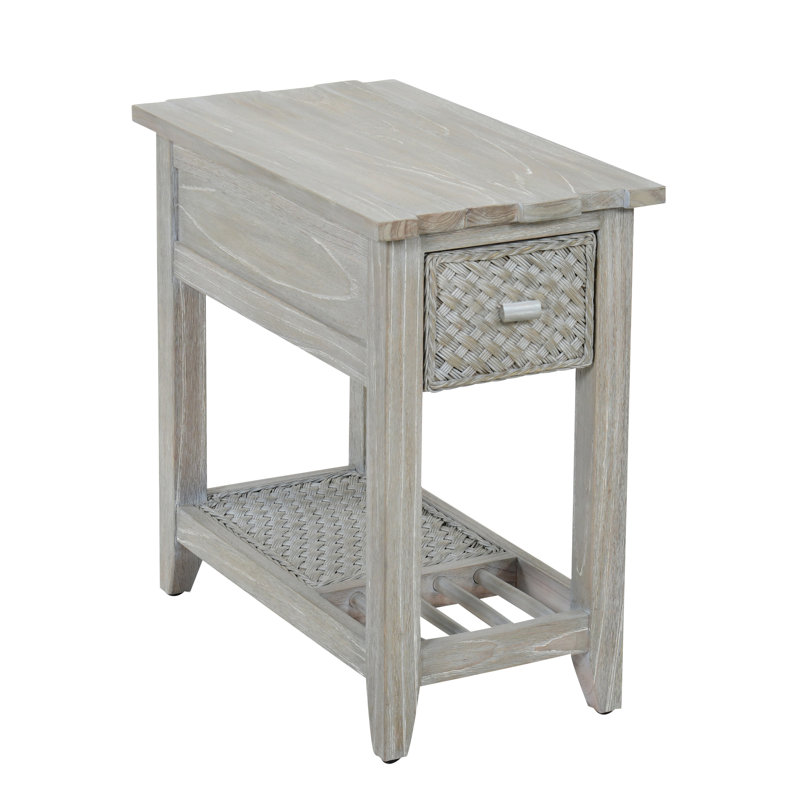 Washed Gray Solid Acacia Wood End Table with Storage