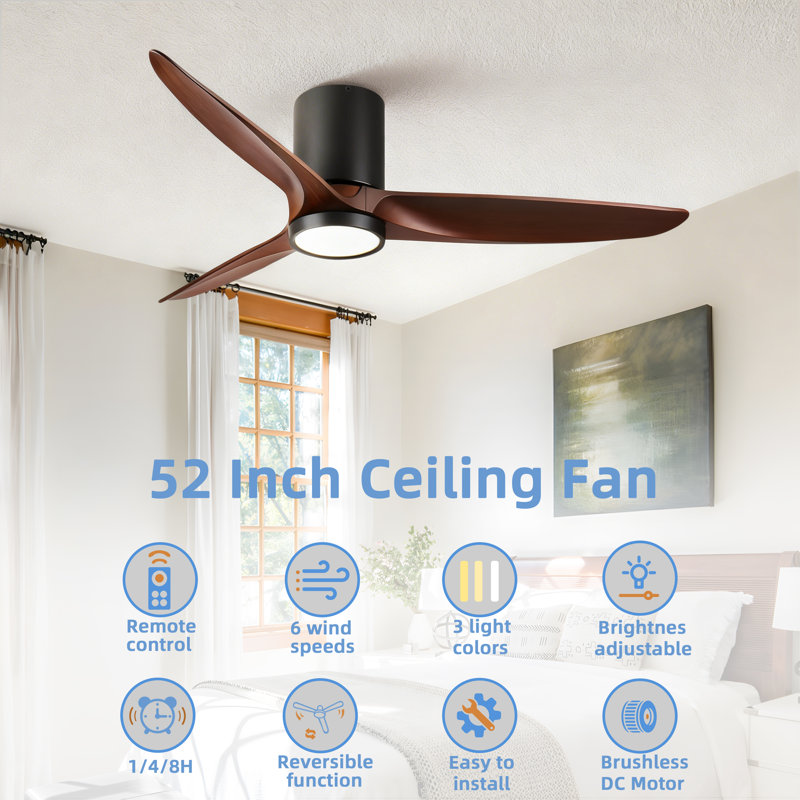 52 In. Black 5 Abs Blades Flush Mount Standard Ceiling Fan With Full Spectrum Led Light And Remote