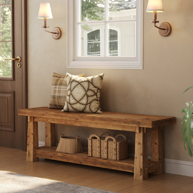 55" Solid Wood Entryway Bench with Shoe Storage, Rustic Charred Wood Grain Foyer Bench with Open Shelf for Hallway, Mudroom, Bedroom, Easy Assembly